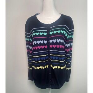 Talbots Large‎ Petite Navy Multicolor Heart Print Cardigan Sweater Chic Workwear